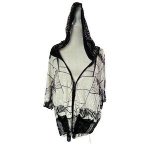 CATIVA Women Hoodie Abstract Full Zip Short Sleeve Sz L Black White Unique 82-25